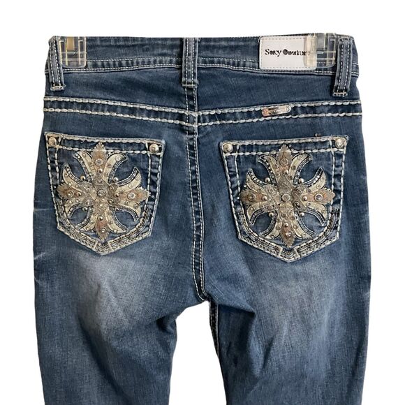 Couture Jeans Juniors Size 3 Blue Denim Embellished Celtic Cross Pockets - Picture 8 of 12